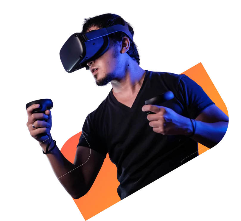 Man wearing glasses and virtual reality controller with transparent and orange graphics
